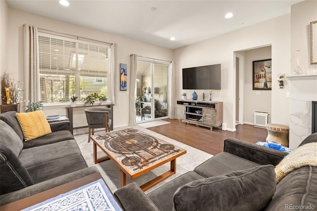 3418 New Haven Cir, Castle Rock, CO 80109 - living area with recessed lighting, wood finished floors, and baseboards