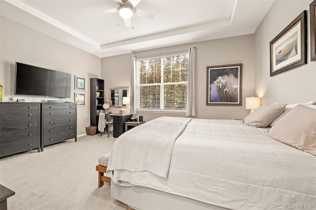 3418 New Haven Cir, Castle Rock, CO 80109 - carpeted bedroom with a raised ceiling, ceiling fan, and a desk
