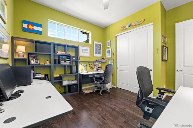 3418 New Haven Cir, Castle Rock, CO 80109 - office area featuring dark wood-style flooring, ceiling fan, and baseboards