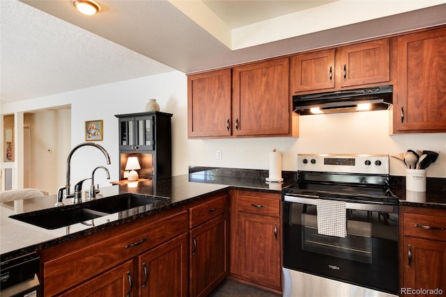 kitchen with kitchen peninsula, dark stone countertops, sink, and electric range