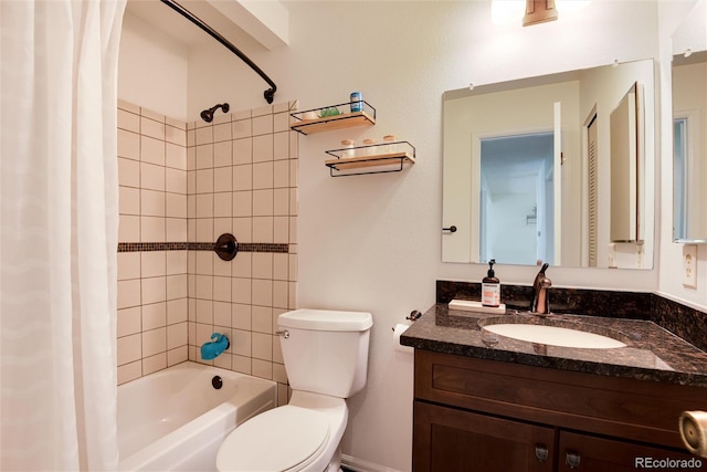 full bathroom featuring toilet, shower / bathtub combination with curtain, and vanity