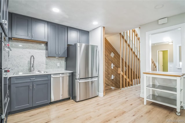 kitchen featuring backsplash, appliances with stainless steel finishes, a sink, gray cabinetry, and light countertops