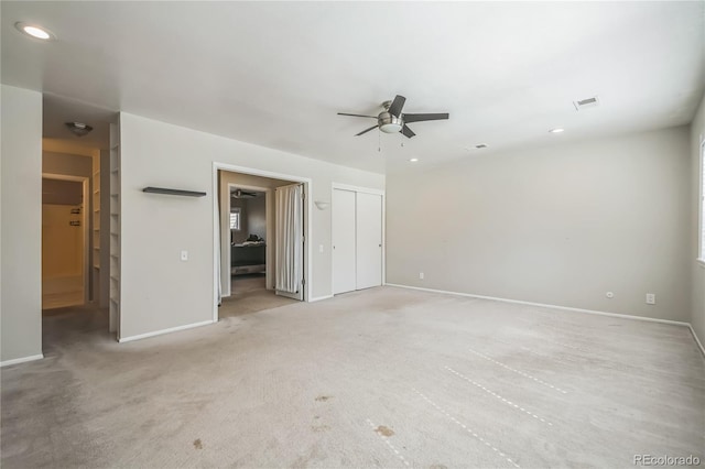 unfurnished bedroom featuring visible vents, recessed lighting, baseboards, and a closet