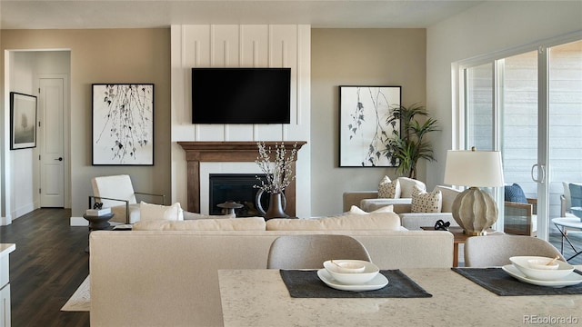 living room with a fireplace and dark hardwood / wood-style floors