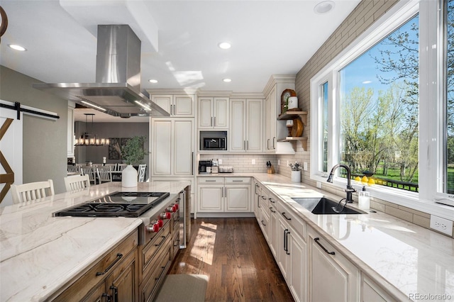 3002 S Oak Way, Lakewood, CO 80227 - kitchen featuring a sink, built in microwave, island range hood, a barn door, and stainless steel gas cooktop