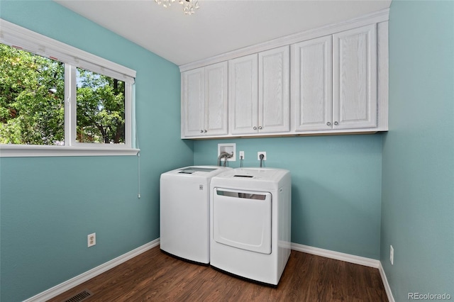 411 S Cody Ct, Lakewood, CO 80226 - laundry room with cabinet space, washer and dryer, baseboards, and dark wood-type flooring