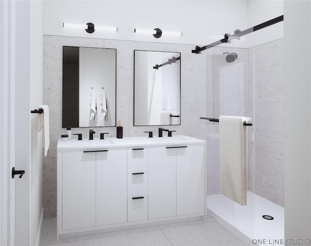 bathroom featuring tile walls, a sink, a shower stall, and double vanity