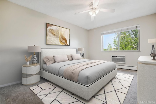 carpeted bedroom featuring ceiling fan, a baseboard radiator, and a wall unit AC