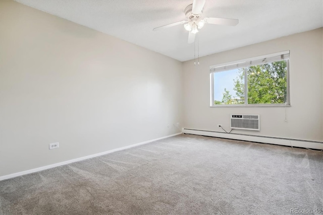 carpeted empty room with ceiling fan, a baseboard heating unit, and a wall mounted AC