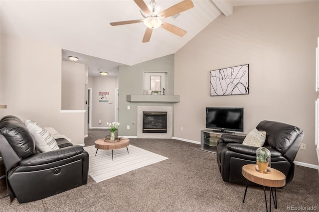 carpeted living area featuring a ceiling fan, a fireplace, vaulted ceiling with beams, and baseboards