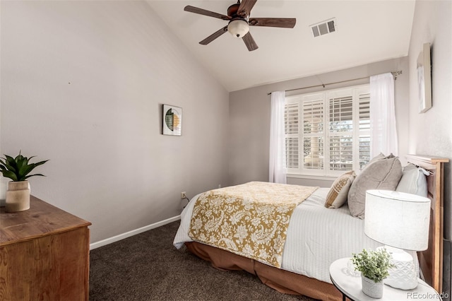 bedroom featuring baseboards, visible vents, lofted ceiling, ceiling fan, and dark carpet