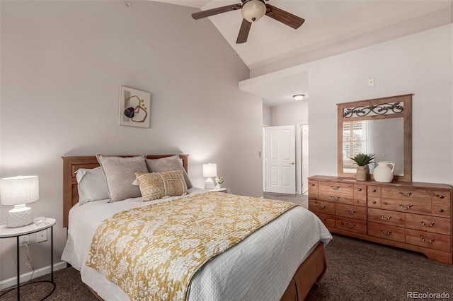 bedroom featuring high vaulted ceiling, dark colored carpet, baseboards, and a ceiling fan