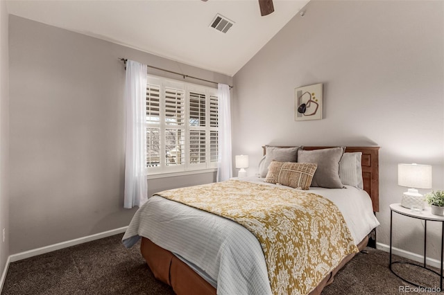 bedroom with lofted ceiling, a ceiling fan, visible vents, baseboards, and dark colored carpet