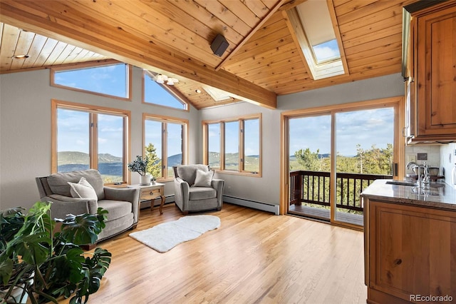30717 Conifer Mountain Dr, Conifer, CO 80433 - living room featuring a skylight, a baseboard radiator, wood ceiling, light wood-style flooring, and a mountain view