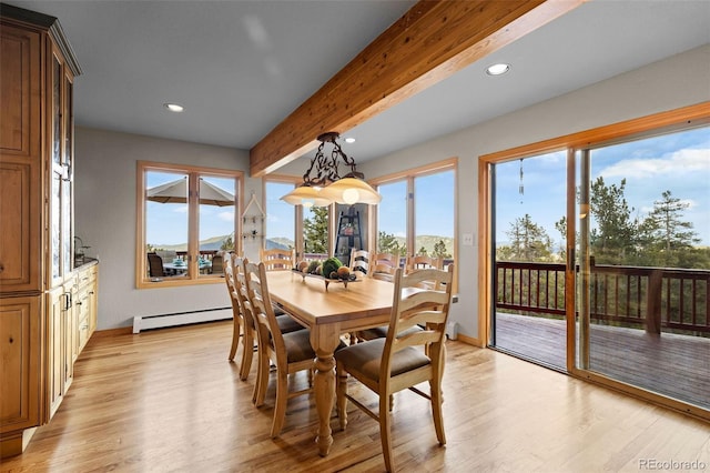 30717 Conifer Mountain Dr, Conifer, CO 80433 - dining space featuring a baseboard heating unit, beamed ceiling, light wood finished floors, healthy amount of natural light, and recessed lighting