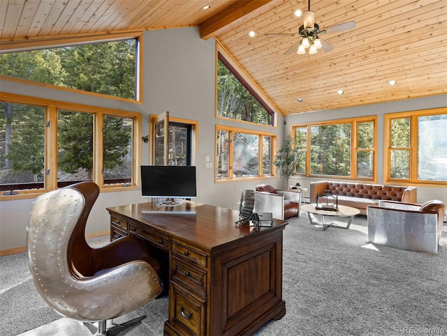 30717 Conifer Mountain Dr, Conifer, CO 80433 - carpeted office featuring high vaulted ceiling, a wood ceiling with exposed beams, plenty of natural light, recessed lighting, and ceiling fan