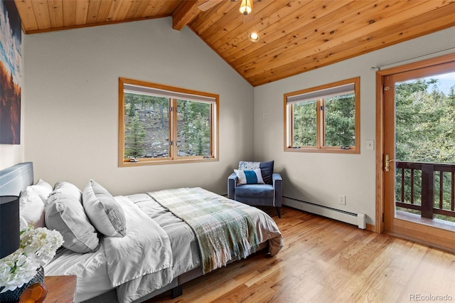 30717 Conifer Mountain Dr, Conifer, CO 80433 - bedroom featuring a baseboard heating unit, access to outside, light wood-type flooring, and wooden ceiling