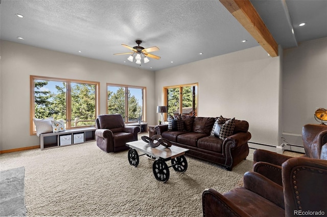 30717 Conifer Mountain Dr, Conifer, CO 80433 - carpeted living area with ceiling fan, a textured ceiling, recessed lighting, and beamed ceiling