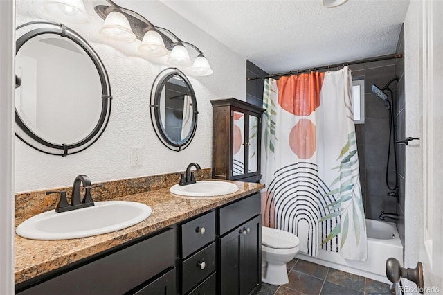 1 N Pearl St Unit 102, Denver, CO 80203 - bathroom featuring a textured ceiling, shower / bathtub combination with curtain, double vanity, toilet, and a textured wall