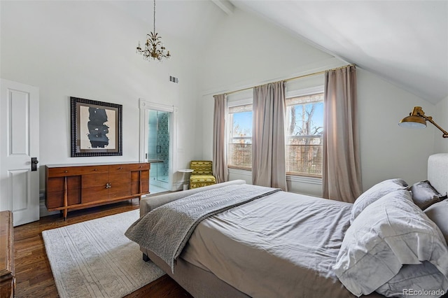 bedroom with dark wood-style floors, beamed ceiling, a chandelier, and high vaulted ceiling