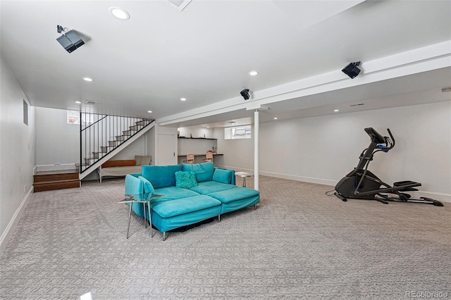 carpeted living room with stairway, baseboards, recessed lighting, and bar