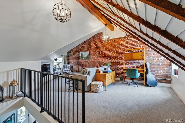 carpeted bedroom with brick wall, a chandelier, and baseboards