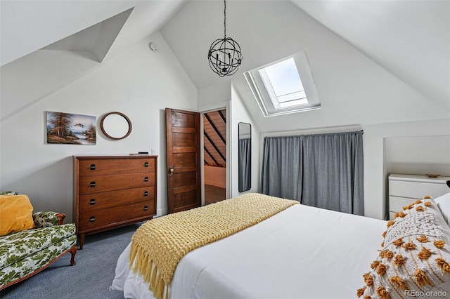 bedroom with carpet flooring, high vaulted ceiling, and a skylight