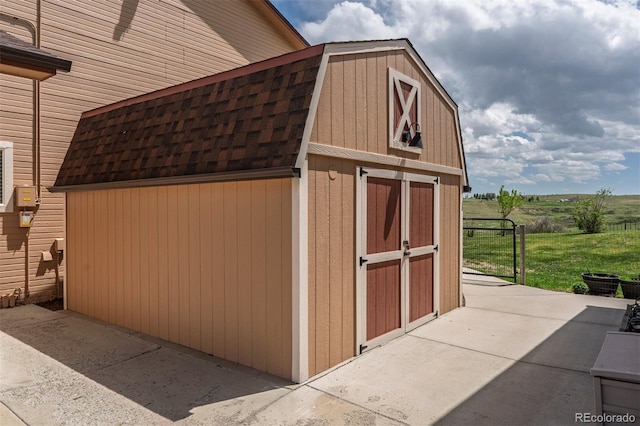 view of shed with a view of countryside