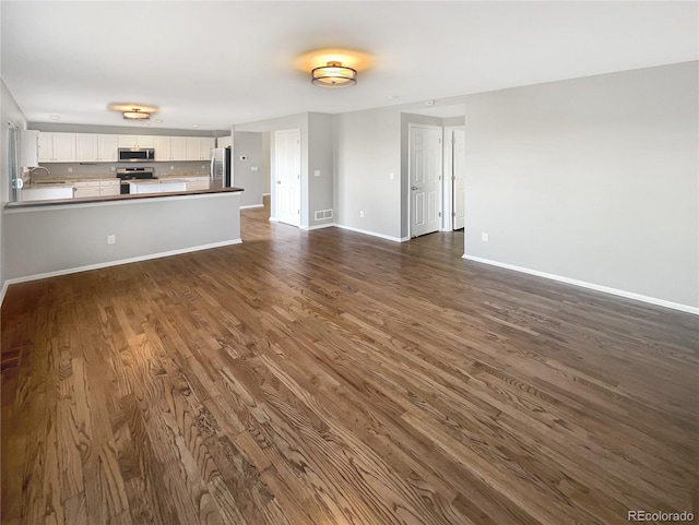 unfurnished living room featuring dark hardwood / wood-style flooring and sink