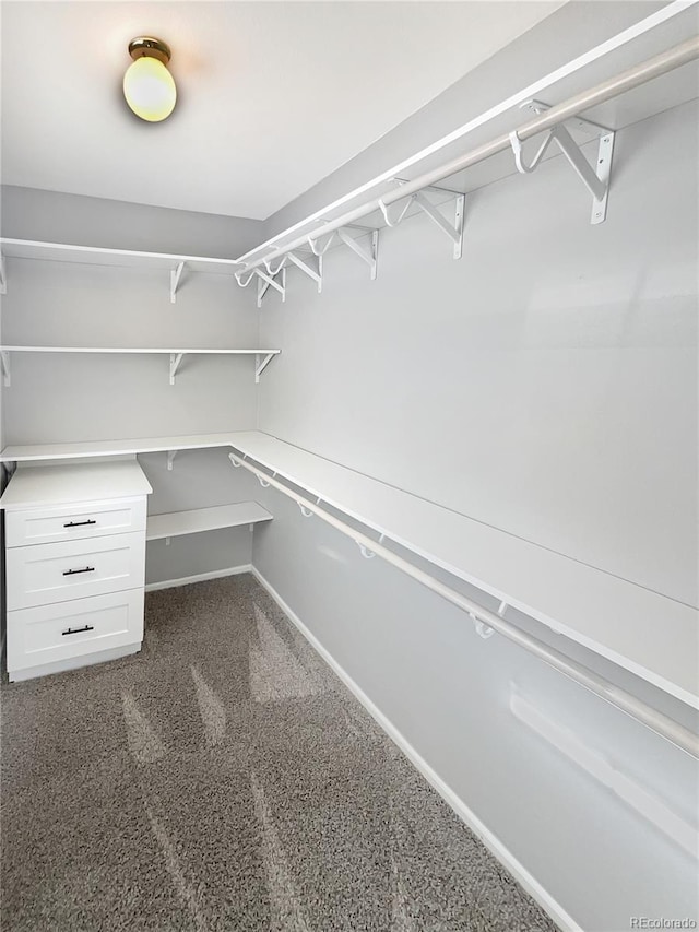 spacious closet featuring dark carpet