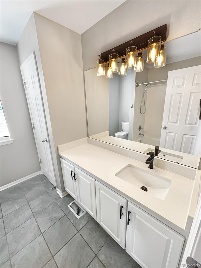 full bathroom featuring shower / washtub combination, toilet, and vanity