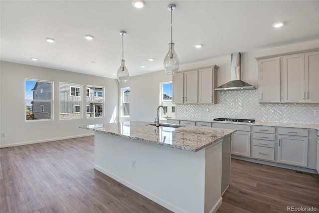24563 E 34th Ave, Aurora, CO 80019 - kitchen with a sink, wall chimney exhaust hood, gray cabinetry, dark wood-style flooring, and recessed lighting