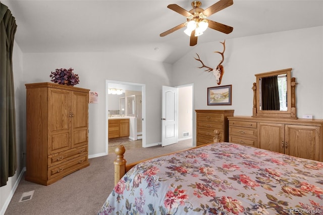 10643 Black Kettle Way, Colorado Springs, CO 80908 - carpeted bedroom with vaulted ceiling, ensuite bath, and a ceiling fan