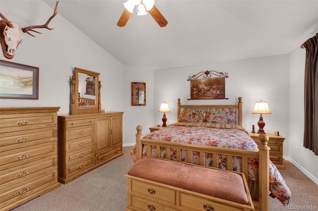 10643 Black Kettle Way, Colorado Springs, CO 80908 - bedroom with light colored carpet, vaulted ceiling, and ceiling fan