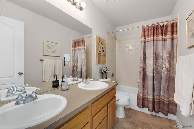 10643 Black Kettle Way, Colorado Springs, CO 80908 - full bath featuring double vanity, shower / bath combination with curtain, and tile patterned floors