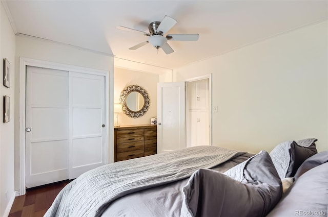 1697 W Powers Ave, Littleton, CO 80120 - bedroom with dark wood finished floors, a closet, and ceiling fan