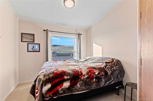 carpeted bedroom featuring crown molding and a textured ceiling