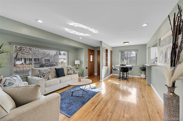 living room featuring a wealth of natural light and light hardwood / wood-style floors