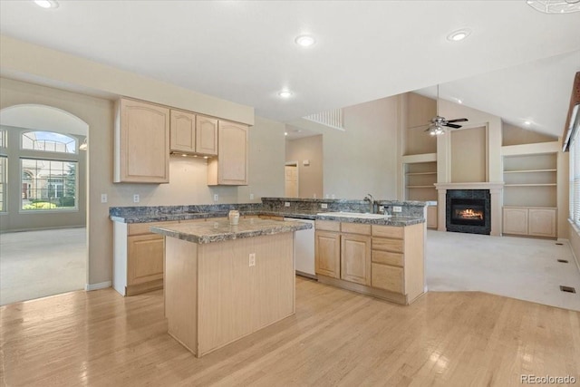 6449 S Jamaica Cir, Englewood, CO 80111 - kitchen featuring light brown cabinetry, a ceiling fan, dishwasher, a glass covered fireplace, and recessed lighting