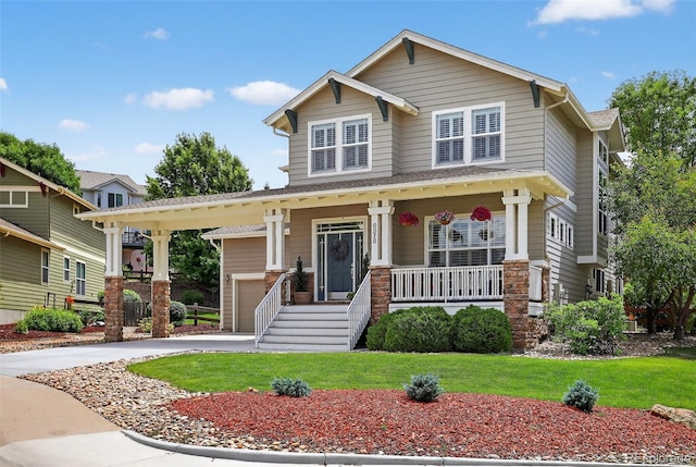8378 Briar Trace Way, Castle Pines, CO 80108 - craftsman-style house with covered porch, a front yard, a garage, driveway, and stone siding