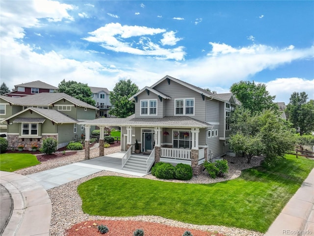 8378 Briar Trace Way, Castle Pines, CO 80108 - craftsman inspired home with a porch, a front yard, and concrete driveway