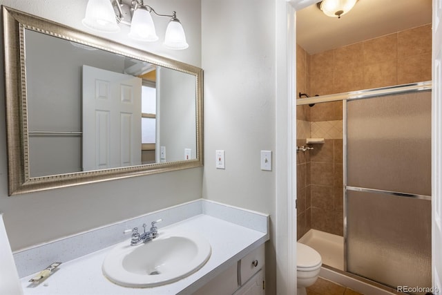 full bath featuring vanity, toilet, and a shower stall