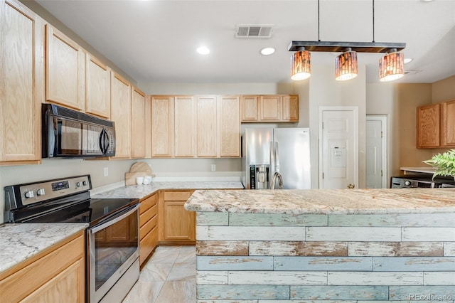 kitchen featuring appliances with stainless steel finishes, light brown cabinets, light marble finish flooring, recessed lighting, and light stone countertops