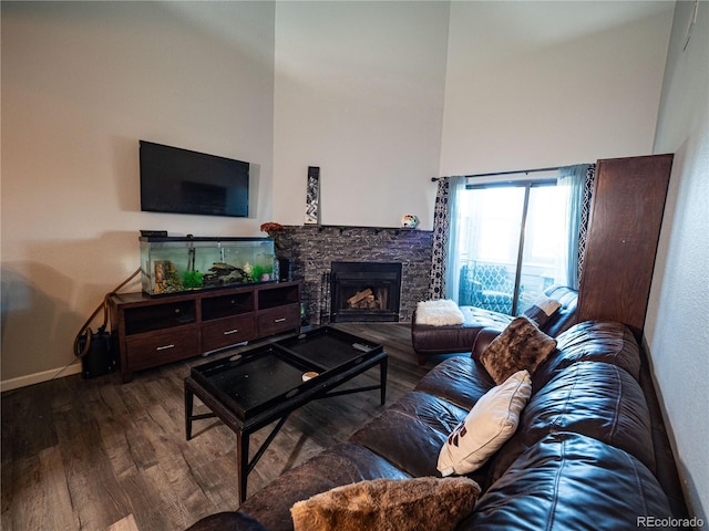 living room with hardwood / wood-style floors and a fireplace