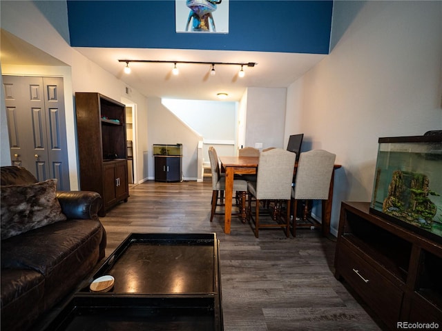 living room with dark hardwood / wood-style floors and track lighting