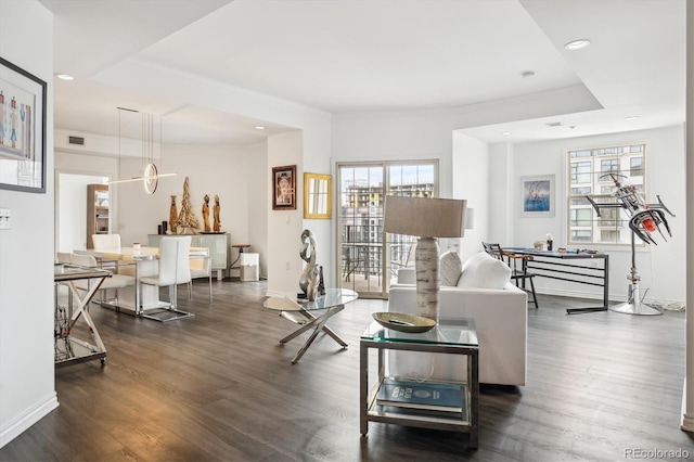 300 W 11th Ave Unit 15C, Denver, CO 80204 - living room featuring recessed lighting, dark wood-type flooring, and baseboards