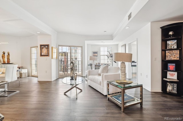 300 W 11th Ave Unit 15C, Denver, CO 80204 - living room featuring dark wood-style flooring, baseboards, and recessed lighting