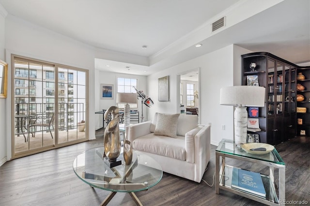 300 W 11th Ave Unit 15C, Denver, CO 80204 - living area with wood finished floors, ornamental molding, baseboards, and recessed lighting