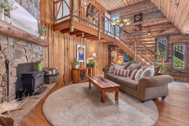 18680 Wapiti Cir, Buena Vista, CO 81211 - living area featuring high vaulted ceiling, stairs, wood ceiling, a wood stove, and wood finished floors