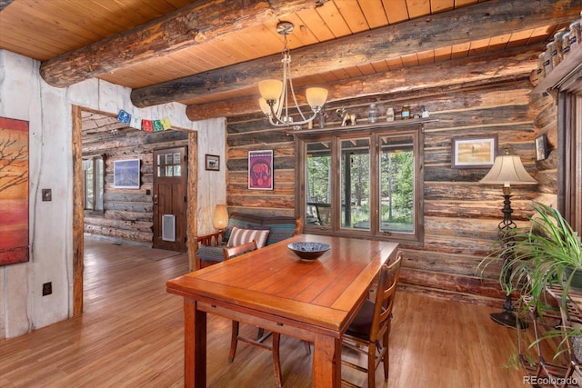 18680 Wapiti Cir, Buena Vista, CO 81211 - dining area with a wood ceiling with exposed beams, plenty of natural light, wood finished floors, a chandelier, and rustic walls